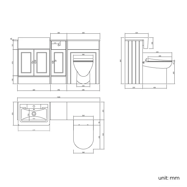 Monaco Cotton White Vanity Traditional Basin and Aruba Toilet 1500mm - Brushed Brass Accents