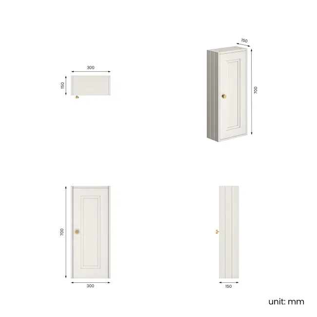 Cotton White Wall Hung Cabinet 700x300mm - Brushed Brass Accents
