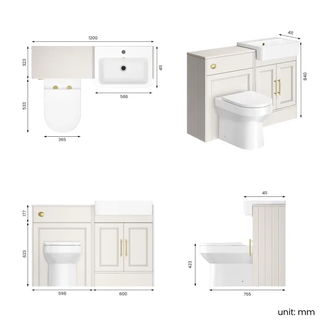 Monaco Cotton White Combination Vanity Basin and Miami Toilet 1200mm - Brass Knurled Handles