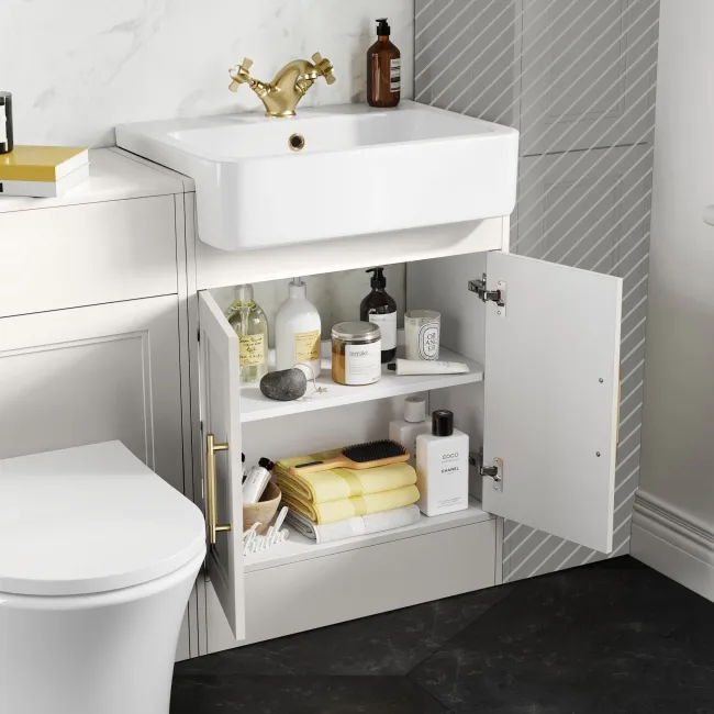 Monaco Cotton White Combination Vanity Basin and Tucson Toilet 1200mm - Brass Knurled Handles