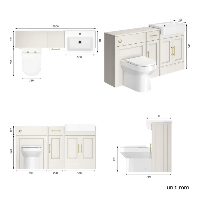 Monaco Cotton White Combination Vanity Basin and Miami Toilet 1500mm - Brass Knurled Handles