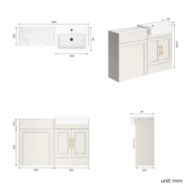 Monaco Cotton White Vanity Basin with Marble Top 1200mm (No Pan & Cistern) - Brass Knurled Handles