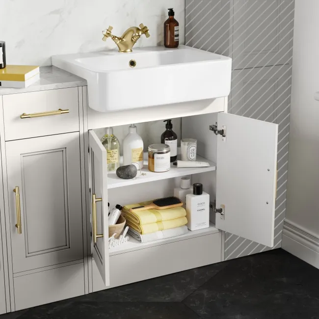 Monaco Cotton White Vanity Basin with Marble Top 1500mm (No Pan & Cistern) - Brass Knurled Handles