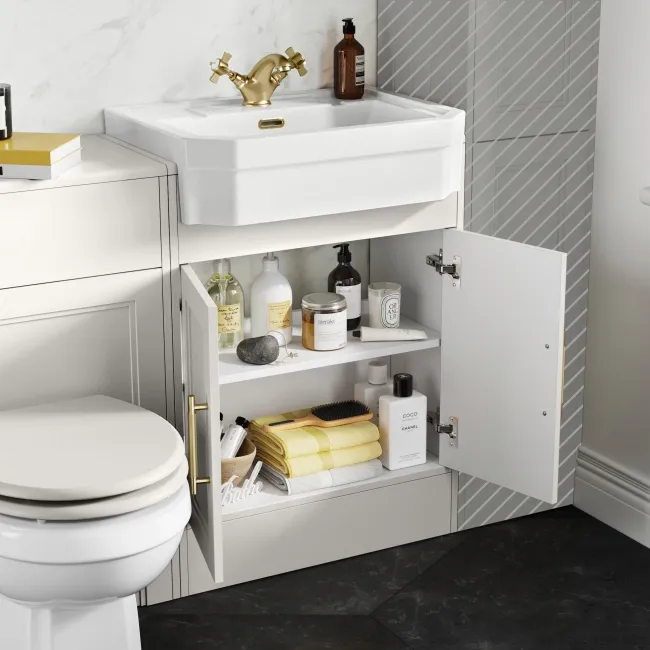Monaco Cotton White Vanity Traditional Basin and Hudson Toilet Wooden Seat 1200mm - Knurled Handles