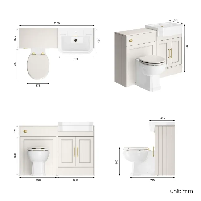 Monaco Cotton White Vanity Traditional Basin and Hudson Toilet Wooden Seat 1200mm - Knurled Handles