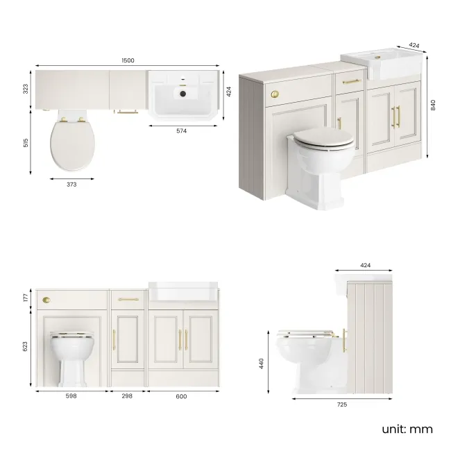 Monaco Cotton White Vanity Traditional Basin and Hudson Toilet Wooden Seat 1500mm - Knurled Handles