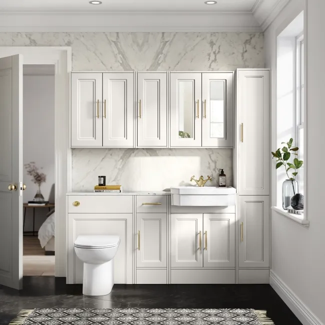 Monaco Cotton White Vanity Traditional Basin Marble Top and Aruba Toilet 1500mm - Knurled Handles