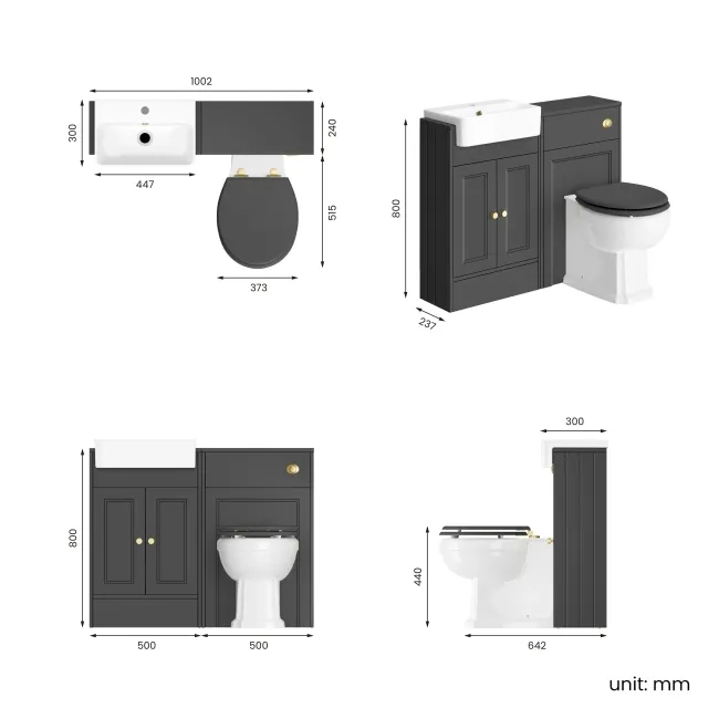 Monaco Slate Grey Vanity Basin and Hudson Toilet with Wooden Seat 1000mm - Brushed Brass Accents