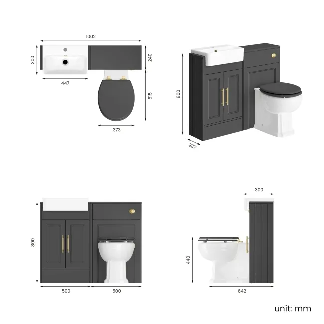Monaco Slate Grey Vanity Basin and Hudson Toilet with Wooden Seat 1000mm - Brass Knurled Handles