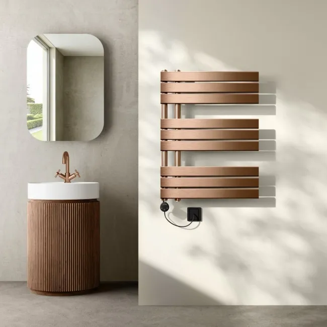Seville Electric Brushed Copper Designer Flat Panel Heated Towel Rail 800x600mm