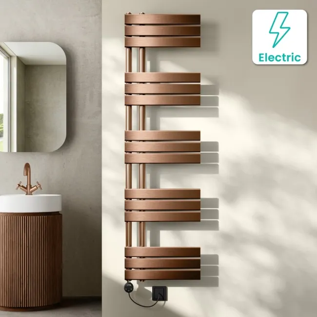 Seville Electric Brushed Copper Designer Flat Panel Heated Towel Rail 1600x450mm