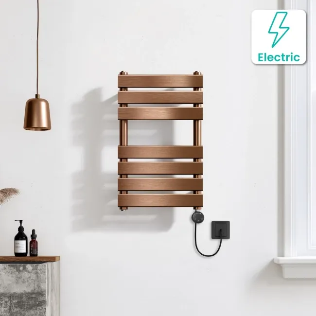 Santorini Electric Brushed Copper Flat Panel Heated Towel Rail 650x400mm