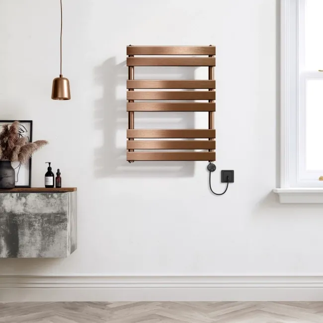 Santorini Electric Brushed Copper Flat Panel Heated Towel Rail 800x600mm