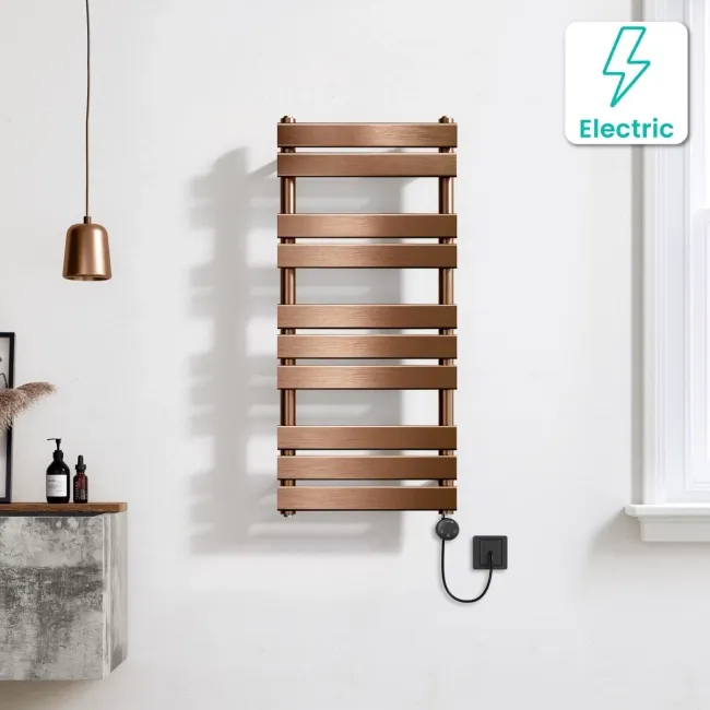Santorini Electric Brushed Copper Flat Panel Heated Towel Rail 1000x450mm