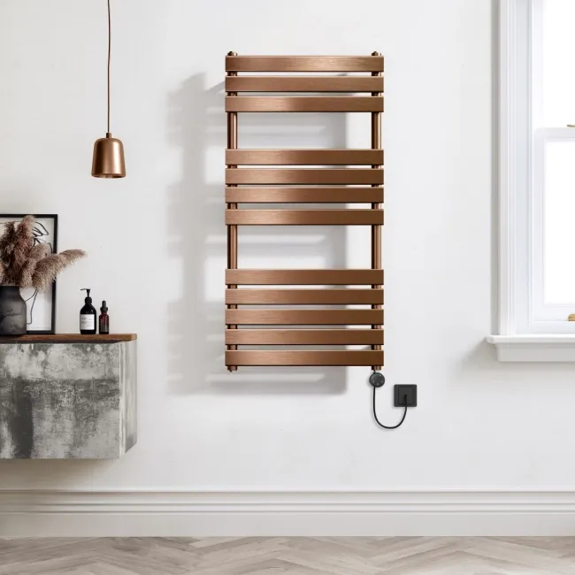 Santorini Electric Brushed Copper Flat Panel Heated Towel Rail 1200x600mm