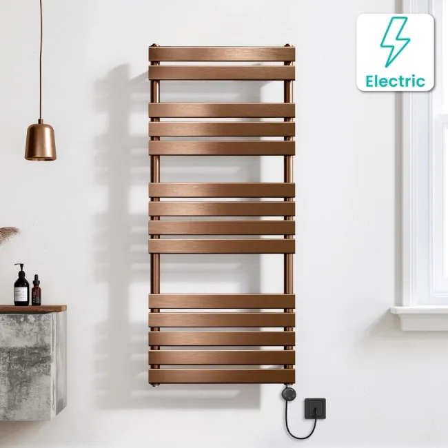 Santorini Electric Brushed Copper Flat Panel Heated Towel Rail 1400x600mm