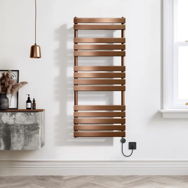 Santorini Electric Brushed Copper Flat Panel Heated Towel Rail 1400x600mm