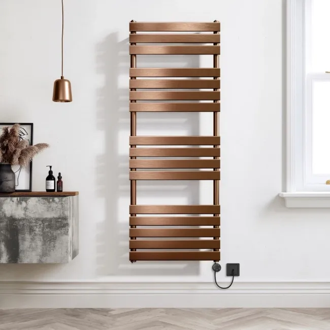 Santorini Electric Brushed Copper Flat Panel Heated Towel Rail 1600x600mm