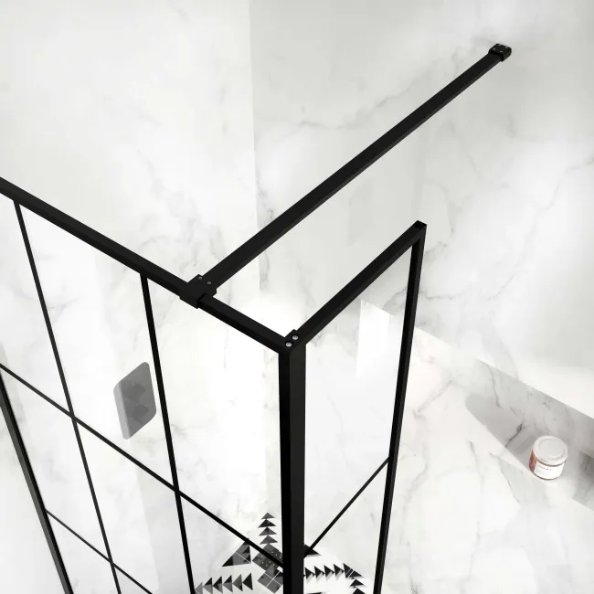 Munich Matt Black Grid 8mm Wet Room Shower Glass 900mm & 250mm Return Panel