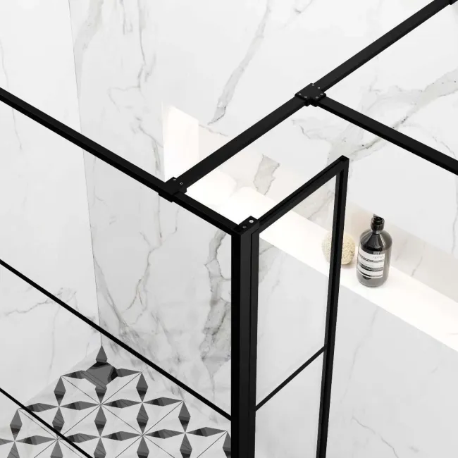 Munich Matt Black Grid 8mm Walk In Shower Enclosure 1400mm & 700mm Glass with Pivotal Return Panel