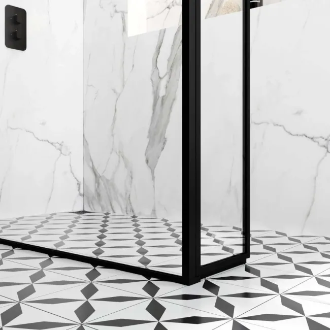 Munich Matt Black Framed 8mm Walk In Shower Enclosure 1200mm & 700mm Glass with Pivotal Return Panel
