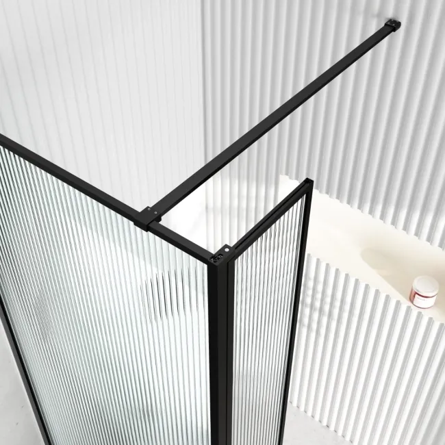 Munich Fluted Effect Matt Black Framed 8mm Wet Room Shower Glass 1400mm & 250mm Pivotal Return Panel