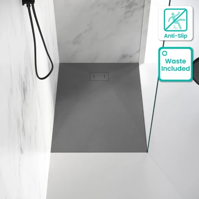 Berlin Rectangular Dark Grey Slate Effect SMC Composite Shower Tray 1200x800mm