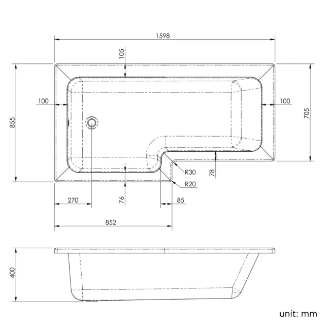 L Shaped 1600 Shower Bath with Front Panel & 4mm Fixed Screen with Rail - Left Handed
