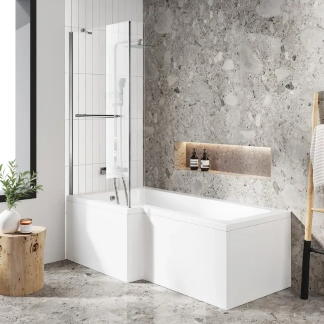 L Shaped 1700 Shower Bath with Front Panel & 4mm Fixed Screen with Rail - Left Handed