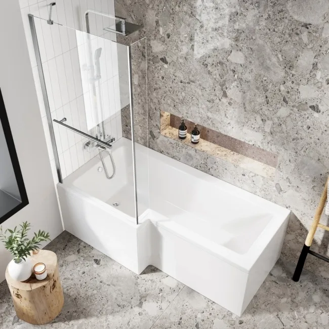 L Shaped 1700 Shower Bath with Front Panel & 4mm Fixed Screen with Rail - Left Handed