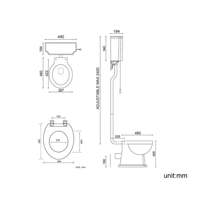 Hudson Traditional High-Level Toilet With Graphite Grey Seat & Pedestal Basin - Double Tap Hole