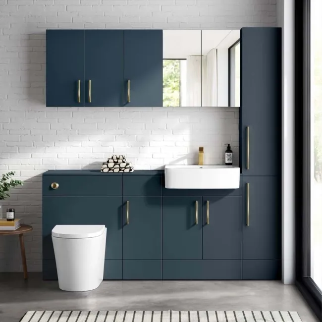 Harper Navy Blue Floor Standing Tall Cabinet 1900x300mm - Brushed Brass Accents