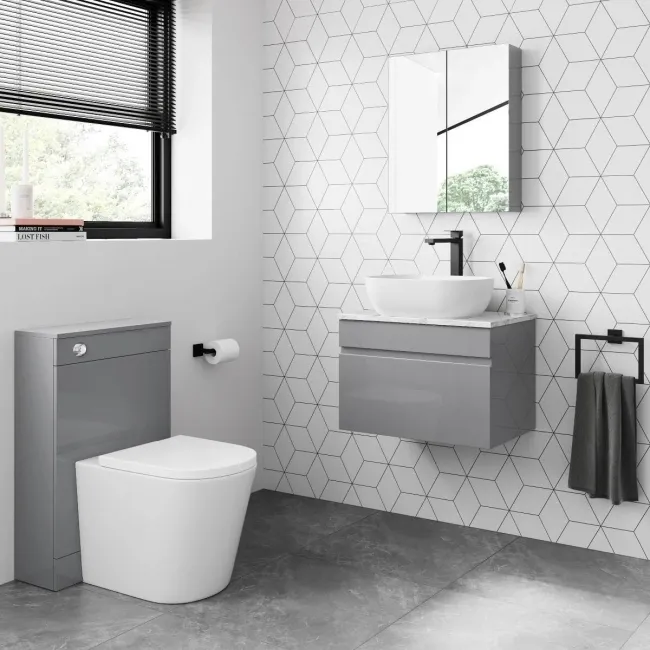 Trent Stone Grey Wall Hung Drawer Vanity with Marble Top & Curved Counter Top Basin 600mm