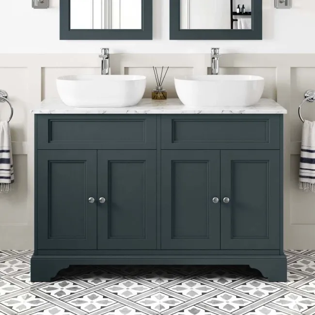 Lucia Inky Blue Double Vanity with Marble Top & Curved Counter Top Basin 1200mm