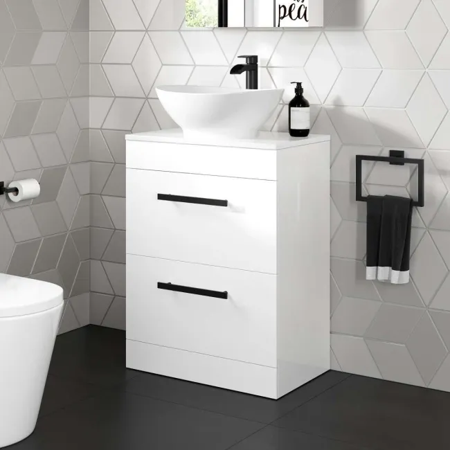 Avon Gloss White Vanity Drawer with Oval Counter Top Basin 600mm - Black Accents