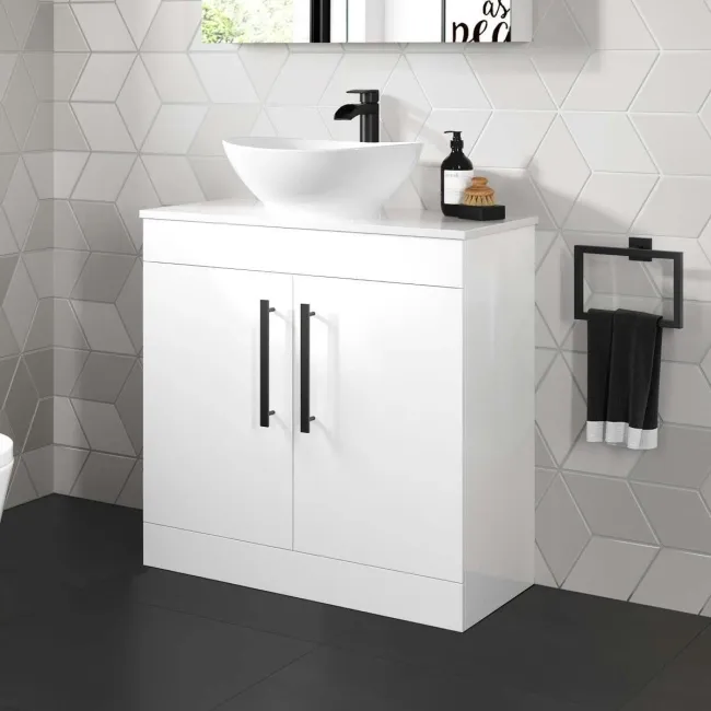 Avon Gloss White Vanity with Oval Counter Top Basin 800mm - Black Accents