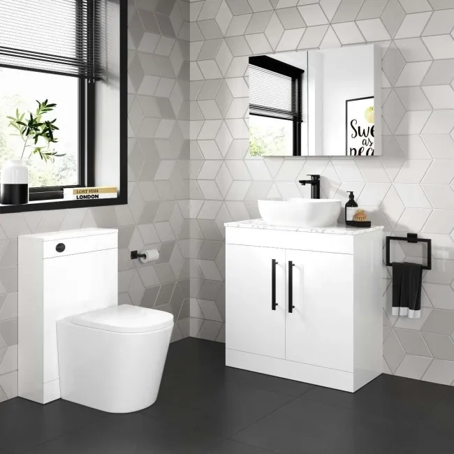 Avon Gloss White Vanity with Marble Top & Curved Counter Top Basin 800mm - Black Accents