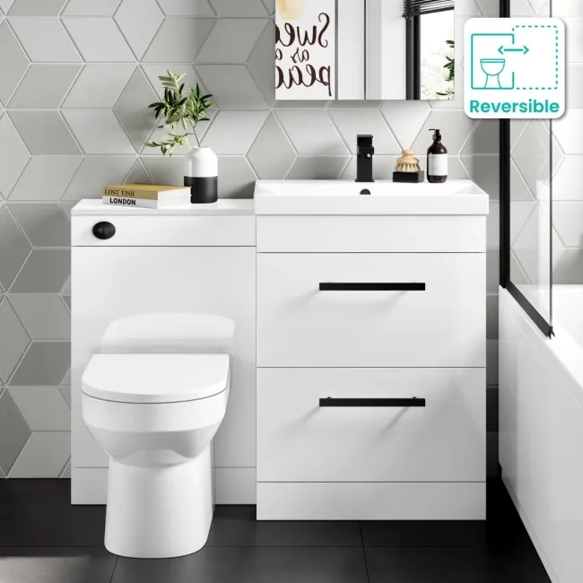 Avon Gloss White Combination Basin Drawer and Miami Toilet 1100mm - Black Accents