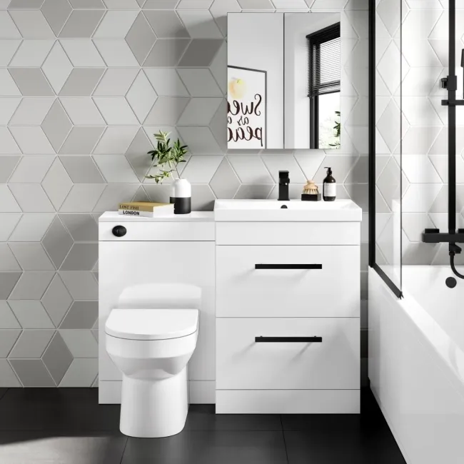 Avon Gloss White Combination Basin Drawer and Miami Toilet 1100mm - Black Accents