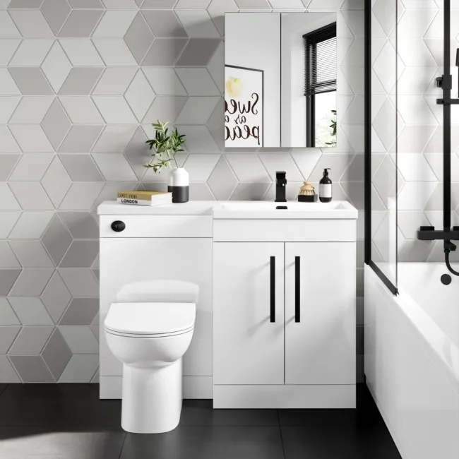 Avon Gloss White Combination Vanity Basin and Aruba Toilet 1100mm - Black Accents - Right Handed