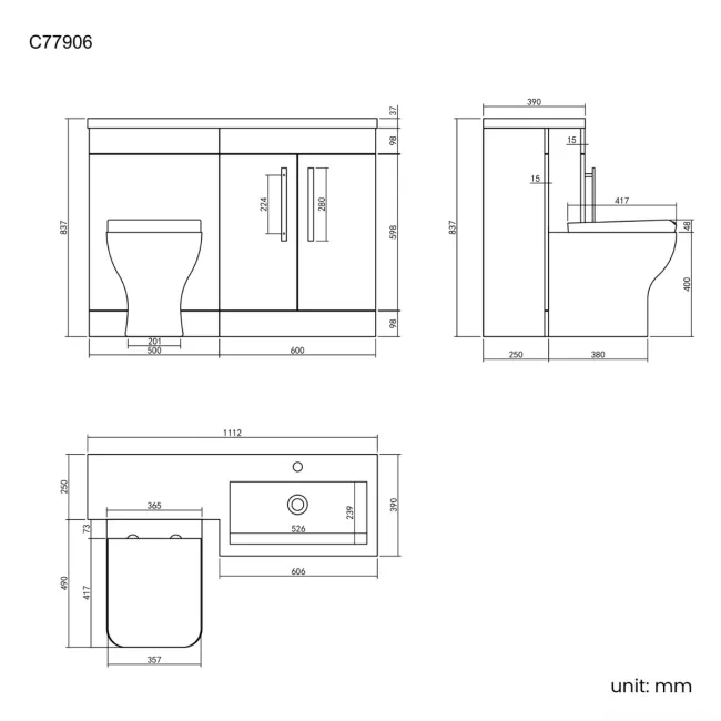 Avon Gloss White Combination Vanity Basin and Atlanta Toilet 1100mm - Black Accents - Right Handed