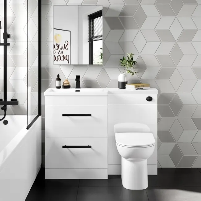 Avon Gloss White Combination Basin Drawer and Aruba Toilet 1100mm - Black Accents - Left Handed