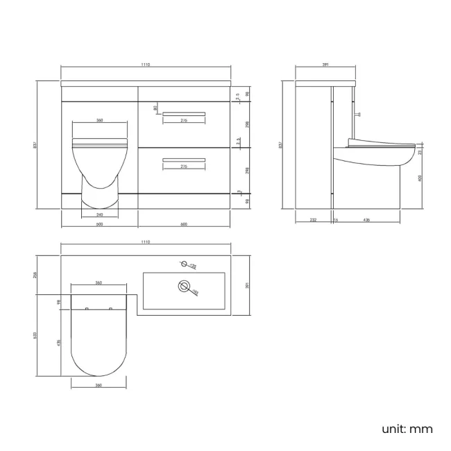 Avon Gloss White Combination Basin Drawer and Aruba Toilet 1100mm - Black Accents - Right Handed
