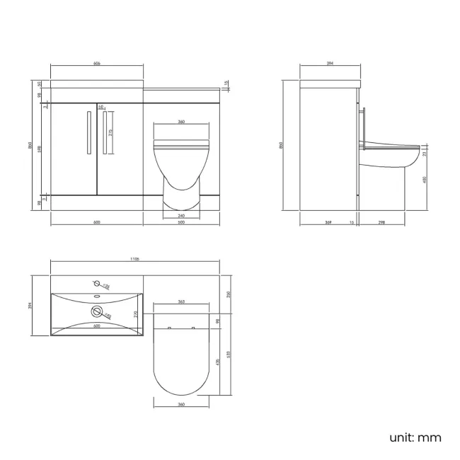 Avon Stone Grey Combination Vanity Basin and Aruba Toilet 1100mm - Black Accents