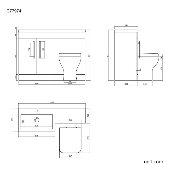 Avon Stone Grey Combination Vanity Basin and Atlanta Toilet 1100mm - Black Accents - Left Handed