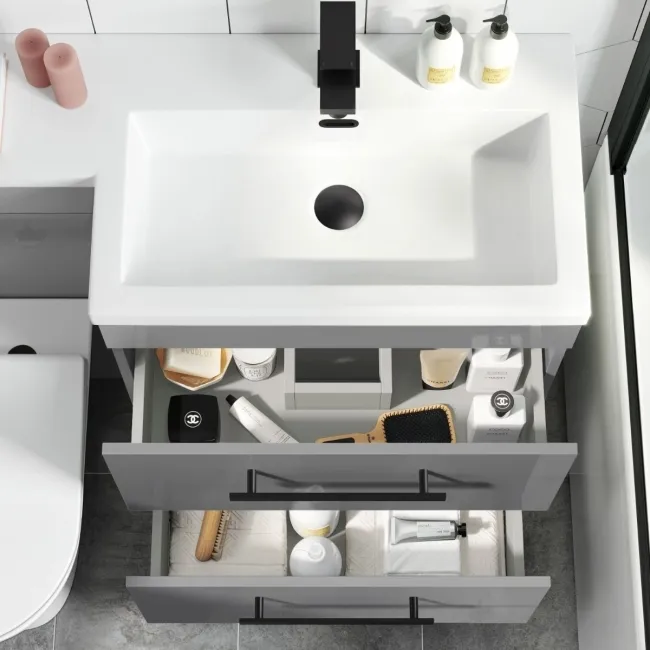 Avon Stone Grey Combination Basin Drawer and Aruba Toilet 1100mm - Black Accents - Right Handed