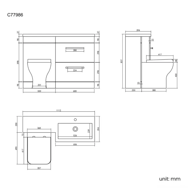 Avon Stone Grey Combination Basin Drawer and Atlanta Toilet 1100mm - Black Accents - Right Handed