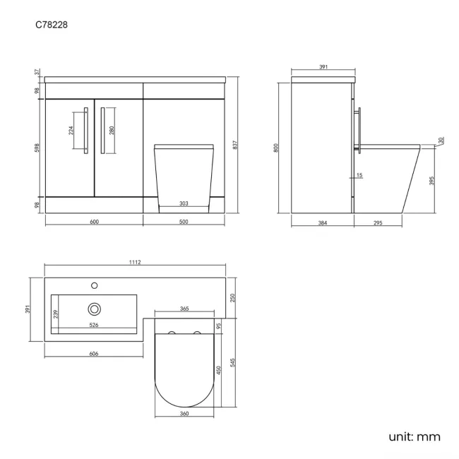 Avon Gloss White Combination Vanity Basin and Boston Toilet 1100mm - Black Accents - Left Handed
