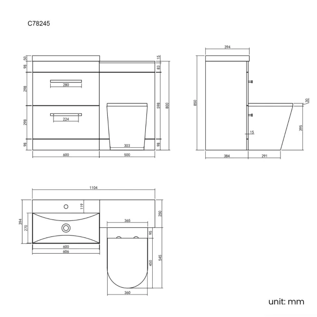 Avon Stone Grey Combination Basin Drawer and Boston Toilet 1100mm - Black Accents