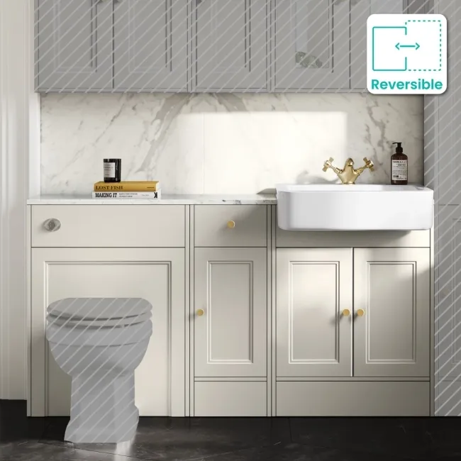 Monaco Chalk White Combination Vanity Basin with Marble Top 1500mm (Excludes Pan & Cistern) - Brushed Brass Accents